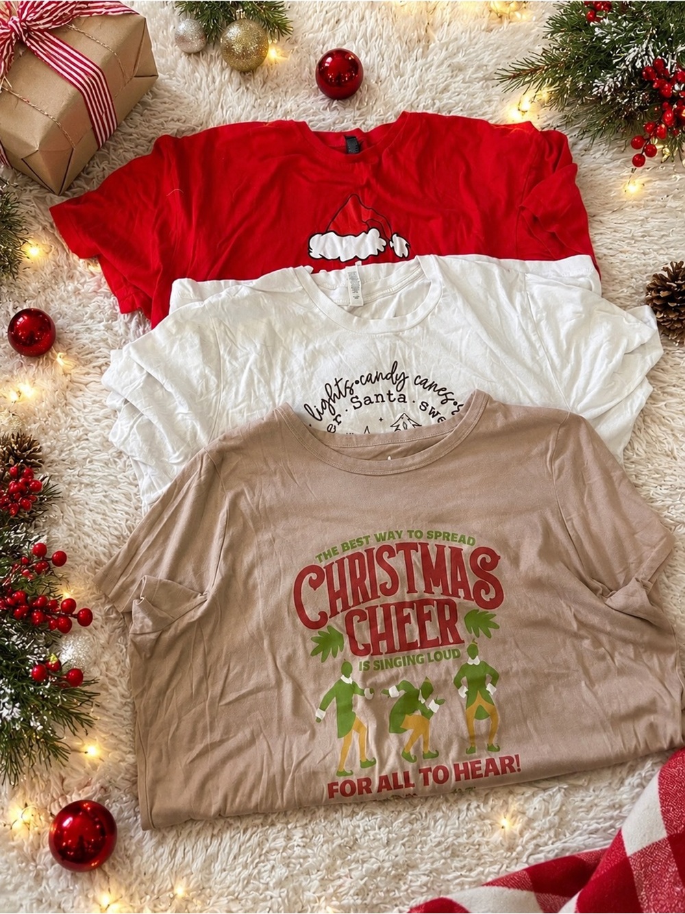 Christmas Cheer Graphic Tee Bundle - Red, White, Blush